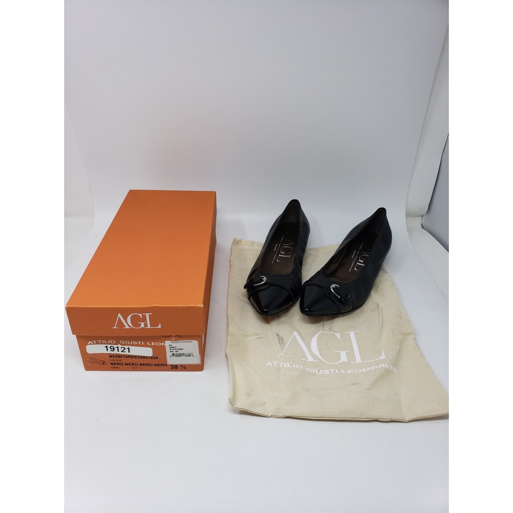 AGL EU: 38.5 US: 8 Womens Pointed Toe Black Leather Ballet Flats W/ Buckle